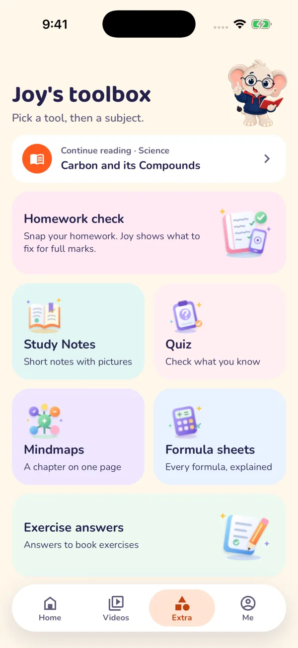 Joy’s toolbox in the Learnijoy app: Homework check, Study Notes, Quiz, Mindmaps, Formula sheets and Exercise answers.