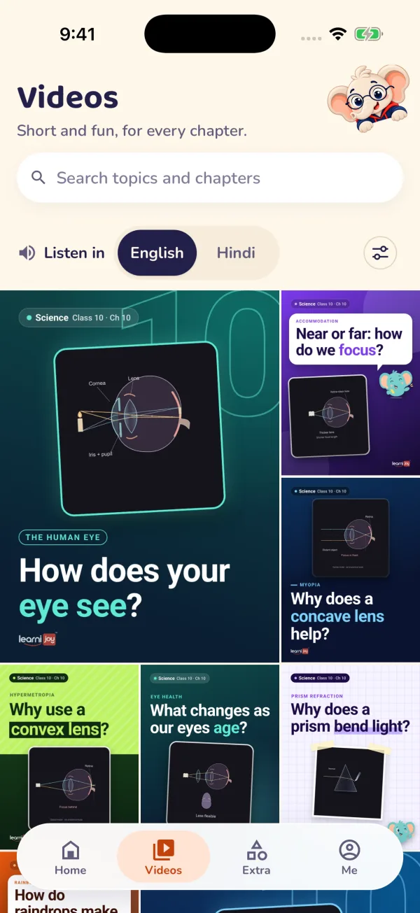 The Videos tab of the Learnijoy app: short Class 10 Science videos, a topic search and an English or Hindi switch.