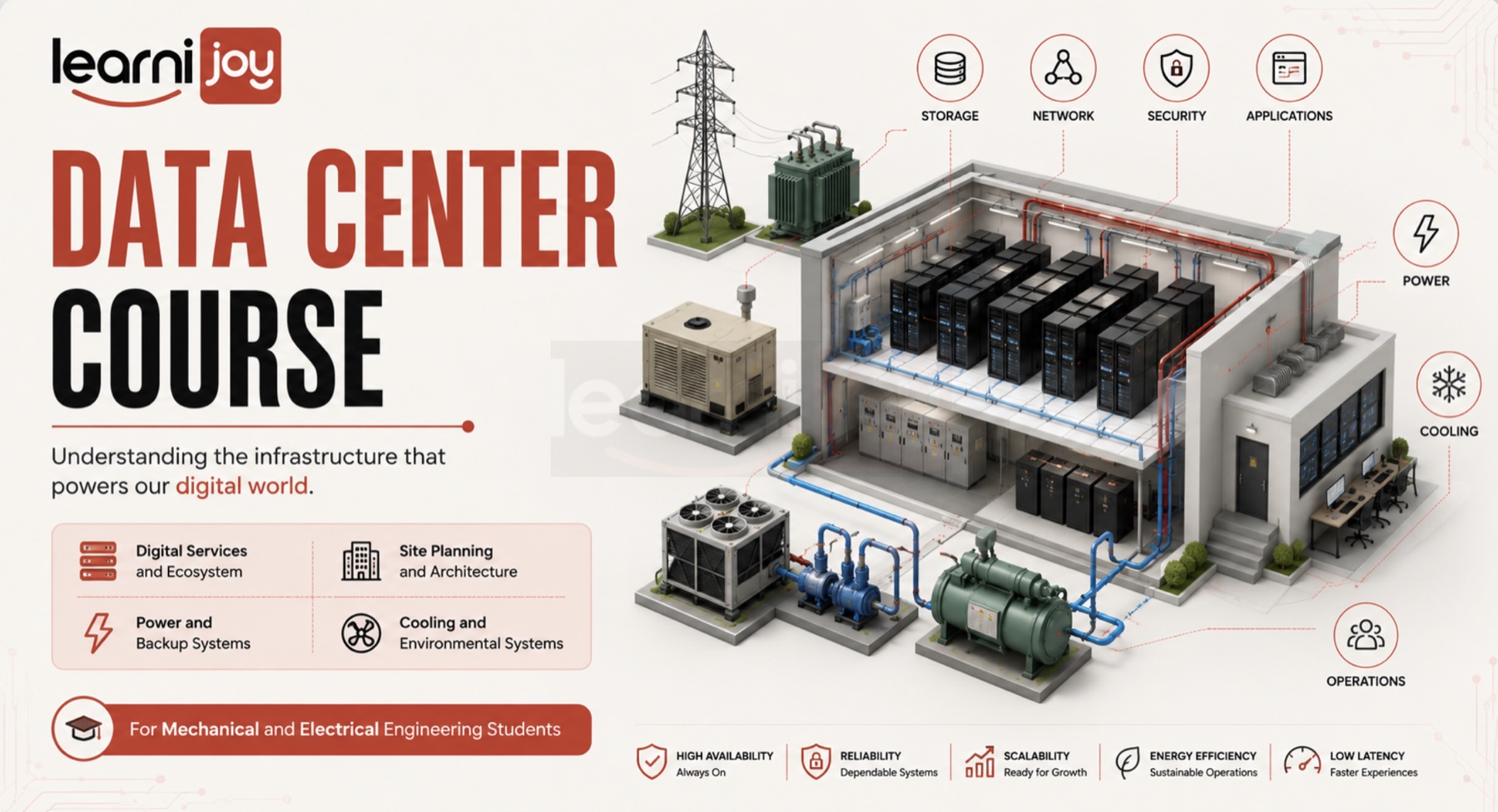 Learnijoy Data Center course material showing power, cooling, storage, networks, security and operations